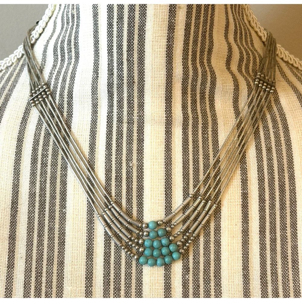 Vintage 5-Strand Liquid STERLING SILVER and Turquoise Beaded 18" Necklace